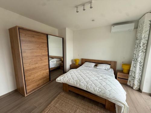 a bedroom with a bed and a large mirror at City apartment with terrace in Hasselt
