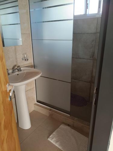 a bathroom with a sink and a glass shower at Palmeras al sol in San Pedro