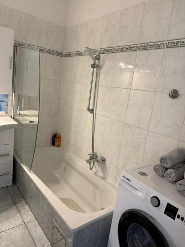 a washing machine in a bathroom with a washer at Leo Stay in Leopoldsdorf