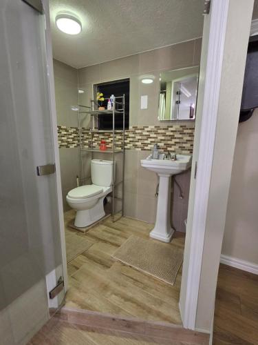 a bathroom with a toilet and a sink at Sunset Haven in Wallhouse