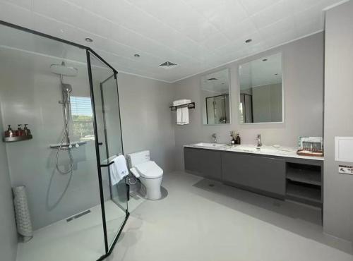 a bathroom with a shower and a toilet and a sink at 宣萱民宿 in Mile