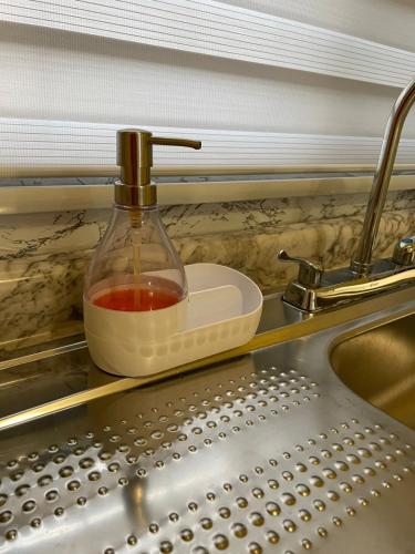 a bottle of soap sitting on top of a sink at Your modern getaway with uniquely stylish comfort in Nuevo Casas Grandes
