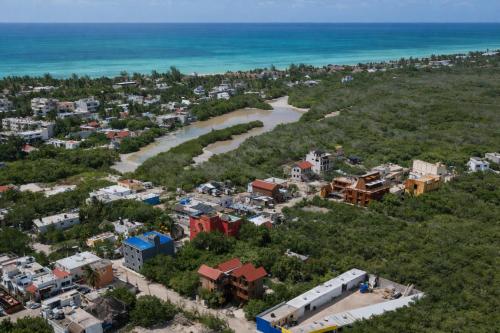 an aerial view of a city and the ocean at Krak-Inn Holbox - Pet Friendly in Holbox Island