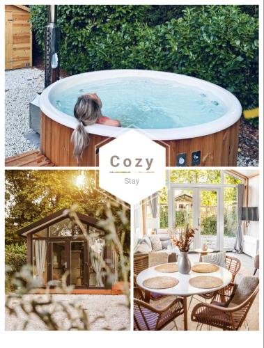 a collage of pictures of a jacuzzi in a backyard at Cozy Stay Veluwe met hottub in Putten