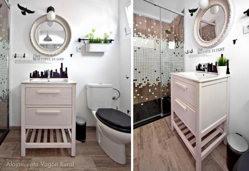 a bathroom with a sink and a toilet and a mirror at Alojamiento Vagón Rural in Murcia