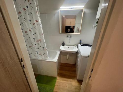 a bathroom with a sink and a bath tub and a mirror at City Center Apartment in Brno