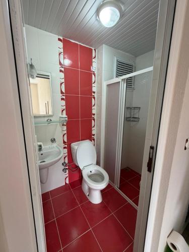 a small bathroom with a toilet and a sink at Safak Hotel Dalyan in Dalyan