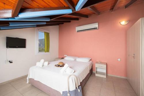 a bedroom with two beds and a tv in a room at Safak Hotel Dalyan in Dalyan