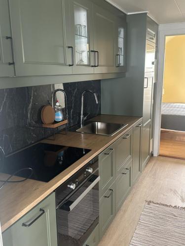 a kitchen with a sink and a counter top at Private Apartment Skudehaven in Rudkøbing