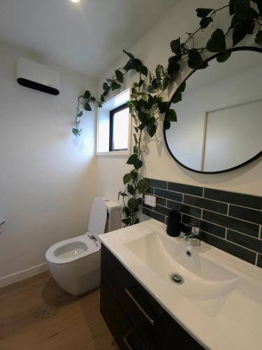 a bathroom with a sink and a toilet and a mirror at The Old Tin Shed in Wanaka
