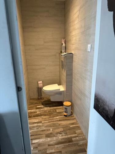 a bathroom with a toilet and wooden floor at T1 studio in Farschviller