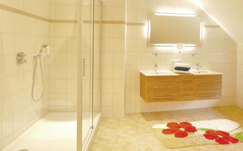 ゴスラーにあるFerienhaus-Marinaのバスルーム(シャワー、シンク、鏡付)