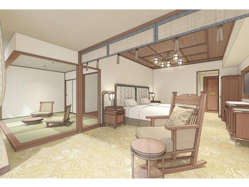 a rendering of a bedroom with a bed and a chair at Nara Hotel in Nara