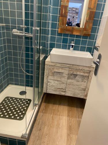 a bathroom with a sink and a glass shower at 2 Chambres Centre Station 1600 in Puy-Saint-Vincent