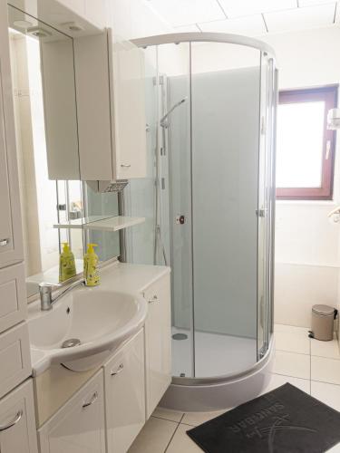 a white bathroom with a shower and a sink at EDGE of FOREST in Titisee-Neustadt