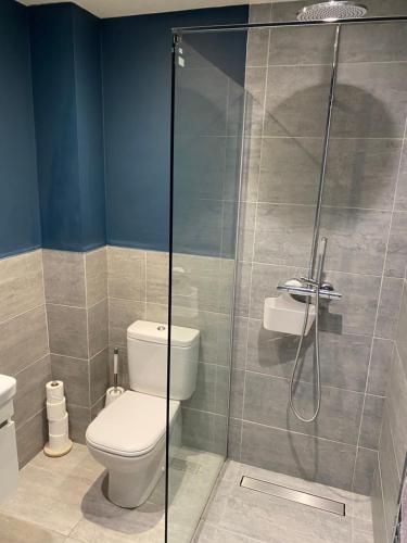 a bathroom with a toilet and a glass shower at The Tower Arms Hotel in Iver