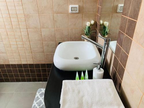 a bathroom sink with two towels on a counter at Villa Dreamy Pool Garden in Eilat