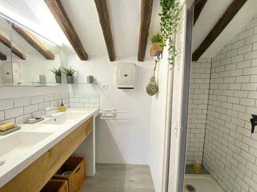 a bathroom with two sinks and a shower at Chambre des rêves, vue exceptionnelle sur terrasse privée,la Casamatta in Centuri