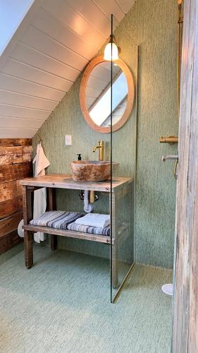 a bathroom with a sink and a mirror at Koppes Mølle B&B - naturnær overnatning in Borup