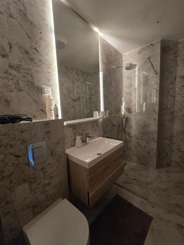 a bathroom with a sink and a toilet and a shower at Budva Central Escape Apartment in Budva