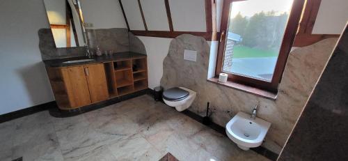 a bathroom with a sink and a toilet and a window at Appartment Paula in Heinsdorfergrund