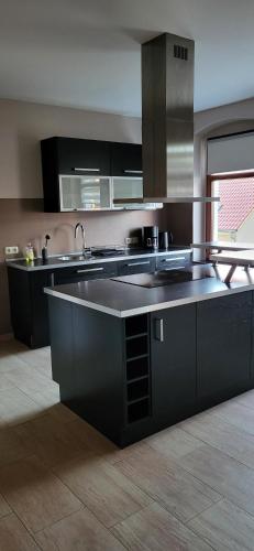 a kitchen with black cabinets and a large sink at Appartment Paula in Heinsdorfergrund