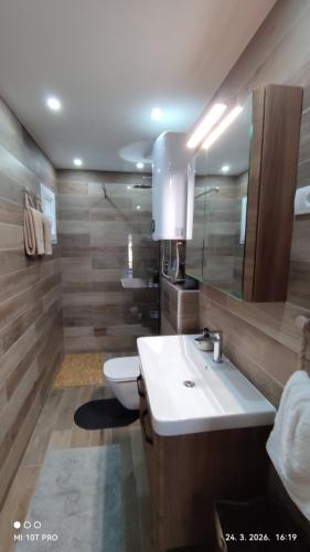 a bathroom with a sink and a toilet and a mirror at Konak Jugovo in Smederevo