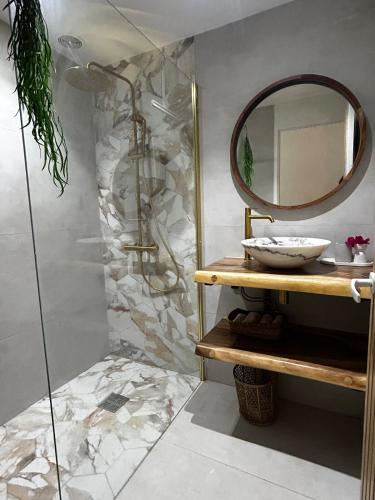 a bathroom with a shower with a sink and a mirror at Charmant Appartement Grand Gosier in Le Gosier
