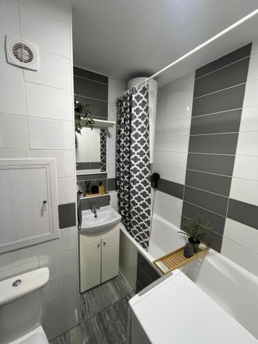 a bathroom with a sink and a toilet and a shower at Harmony Apartman in Dunajská Streda