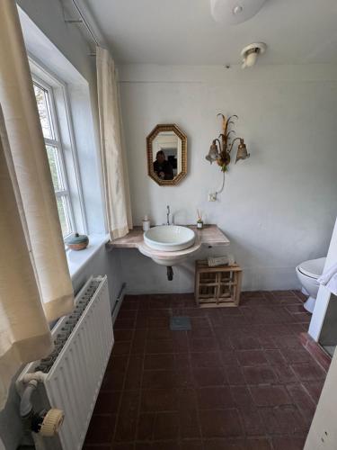 a bathroom with a sink and a mirror on the wall at Skelby Præstegård lej 2 in Gedser