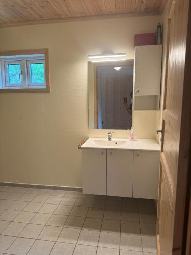 a bathroom with a sink and a mirror at Konstali Gard in Flekkefjord
