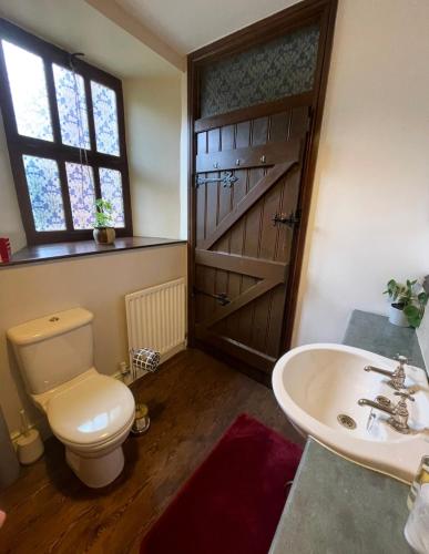 a bathroom with a toilet and a sink at Beldy Chapel Ground floor apartment in Alston