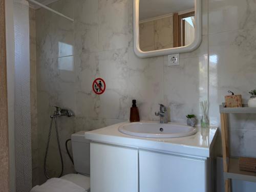 a bathroom with a sink and a mirror and a toilet at Vasiliki Little House in Kanoni