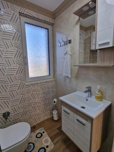 a bathroom with a sink and a toilet and a window at Villa Oaza Vilenjak in Visoko