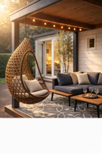 a swing hanging from a porch with a couch at Natuurhuisje in het bos met rustige ligging en ruime tuin stijlvol ingericht StayatSas Sam in Epe