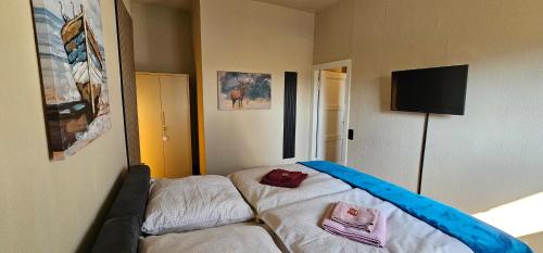 a bed in a room with a tv on the wall at Ferienhaus Kiara in Feldberg