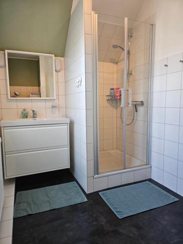 a bathroom with a shower and a sink at Moderne Ferienwohnung "Adriane" mit gehobener Ausstattung - Top bewertet in Nordhorn