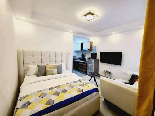 a bedroom with a bed and a couch and a television at Lanson in Nairobi