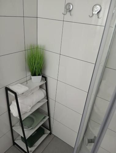 a bathroom with a shelf with towels and a plant at Moodyscroft Homestay, NEC, BHX, Resorts world, HS2, JLR - Netflix in Birmingham