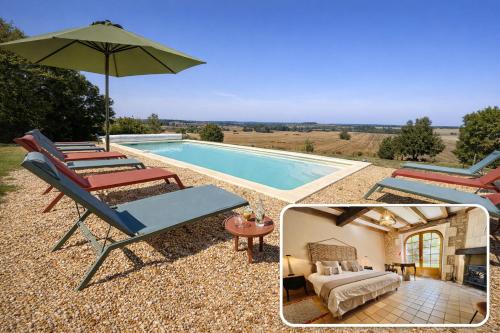 a picture of a pool with chairs and an umbrella at Villa Leynie in Festalemps