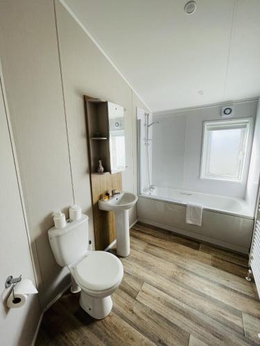 a bathroom with a toilet and a sink at Fleece Lodge in Bledington