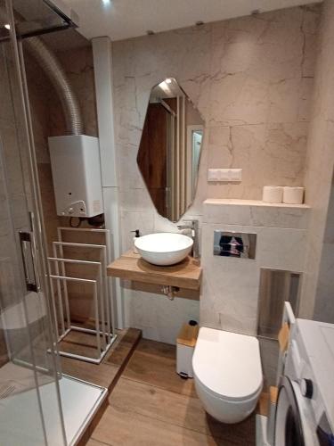 a bathroom with a sink and a toilet and a mirror at Apartament Superjednoska Spodek Centrum Nowoczesny Apartament Wifi in Katowice