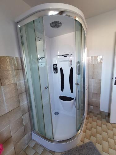 a shower with a face painted on it in a bathroom at Maisonnette au calme in Sully-sur-Loire