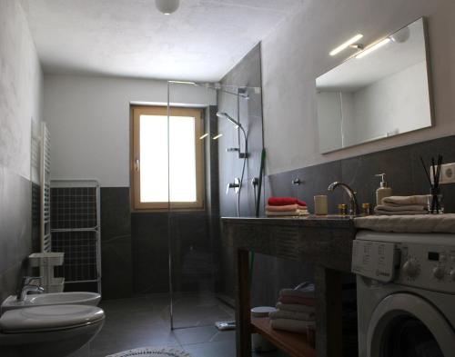 a bathroom with a toilet and a sink and a shower at Panorama Latemar in Nova Levante