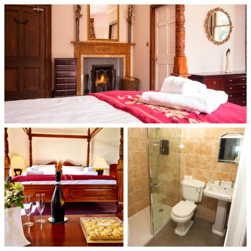 two pictures of a bedroom with a bed and a bathroom at McArthur Manor in Blairgowrie