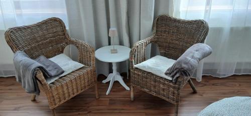 two wicker chairs and a table in a room at Apartmány Šrámek Stříbro in Stříbro