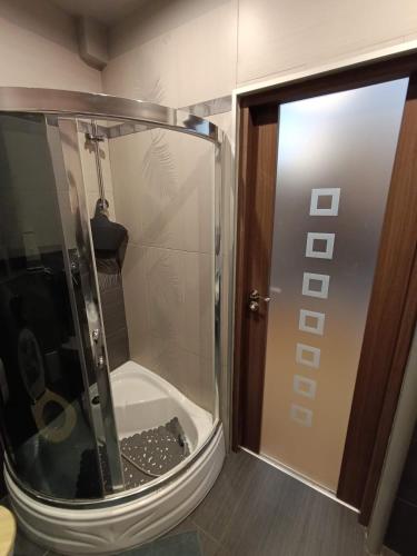 a shower with a glass door in a bathroom at Apartament 16 in Sandomierz