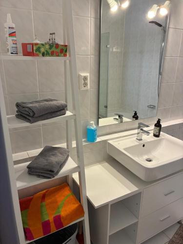 a white bathroom with a sink and a mirror at Burgberg-Oase in Bad Harzburg