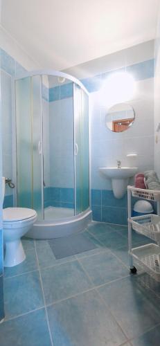 a bathroom with a shower and a toilet and a sink at Barwy Morza - domki in Rowy
