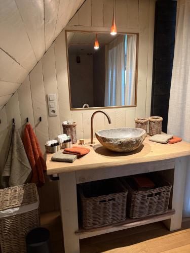 a bathroom counter with a sink and a mirror at Rust en natuur in de Vlaamse Ardennen in Kluisbergen